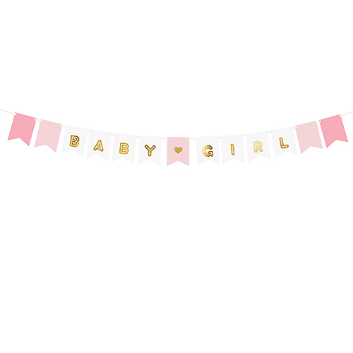 Banner Baby Girl, vit/rosa med guldtext - 15x175 cm 
