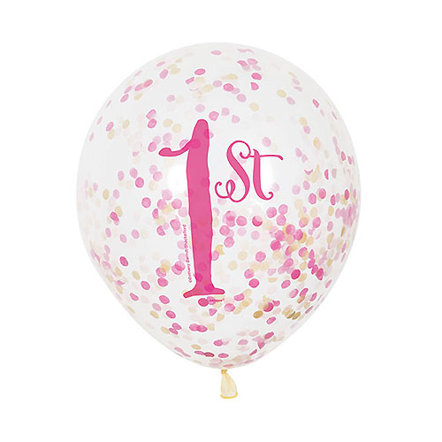 Ballonger 1-årskalas, Transparenta med rosa/guld konfetti - 6st 