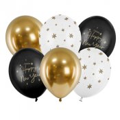 Ballonger Guld/Svart/Vit Happy New Year - 6st