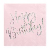 Servetter "HBD" Rosa/Silver - 20st, 33x33cm