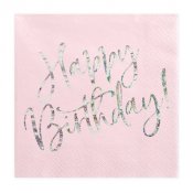 Servetter "HBD" Rosa/Silver - 20st, 33x33cm