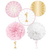 Dekorations kit 1 rs-kalas, Guld/Rosa - 3 x mne (30cm), 2 x pompom (40cm)