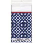 Bordsduk i plast, eng�ngsduk, M�rkbl� m�nstrad - 1,37x2,13m