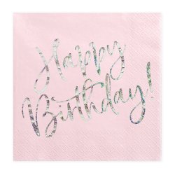 Servetter "HBD" Rosa/Silver - 20st, 33x33cm