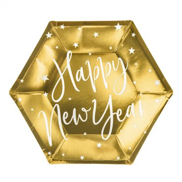 Assiett Happy New Year guld - 6st, 18cm
