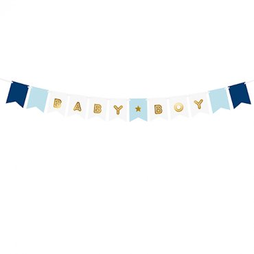 Banner Baby Boy, vit/bl med guldtext - 15x160 cm