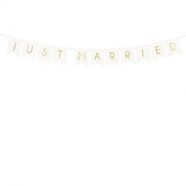 Vimpel Just Married, Vit med guldtext - 15 x 155cm