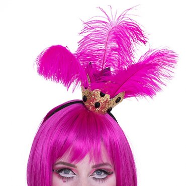 Guldkrona p diadem med glitter och rosa fjdrar