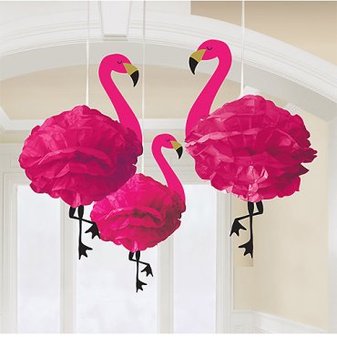 Flamingo Pom Poms, Hngande Dekoration - 3st, 49cm