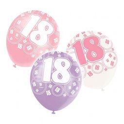  18 år, Ballonger rosa/vita/lila - 6st 