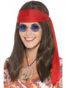 Hippie Chick Kit - Peruk, Solglasgon, Halsband med Fredsymbol & Hrband
