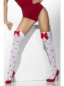  Opaque Hold-Ups, White, with Red Bows and Heart Print 