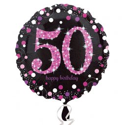  50 år Happy Birthday Folieballong, rosa glitter - 45cm 