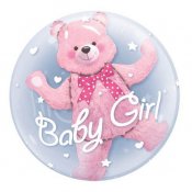 Baby Girl Bubbelballong, med rosa uppblåst nalle i bubbla - 60cm