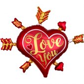  LOVE YOU, Rött hjärta med pilar, folieballong - 86cm 