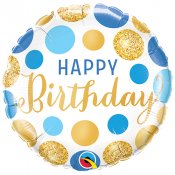 Happy Birthday Folieballong, Blå/Guld - 46cm